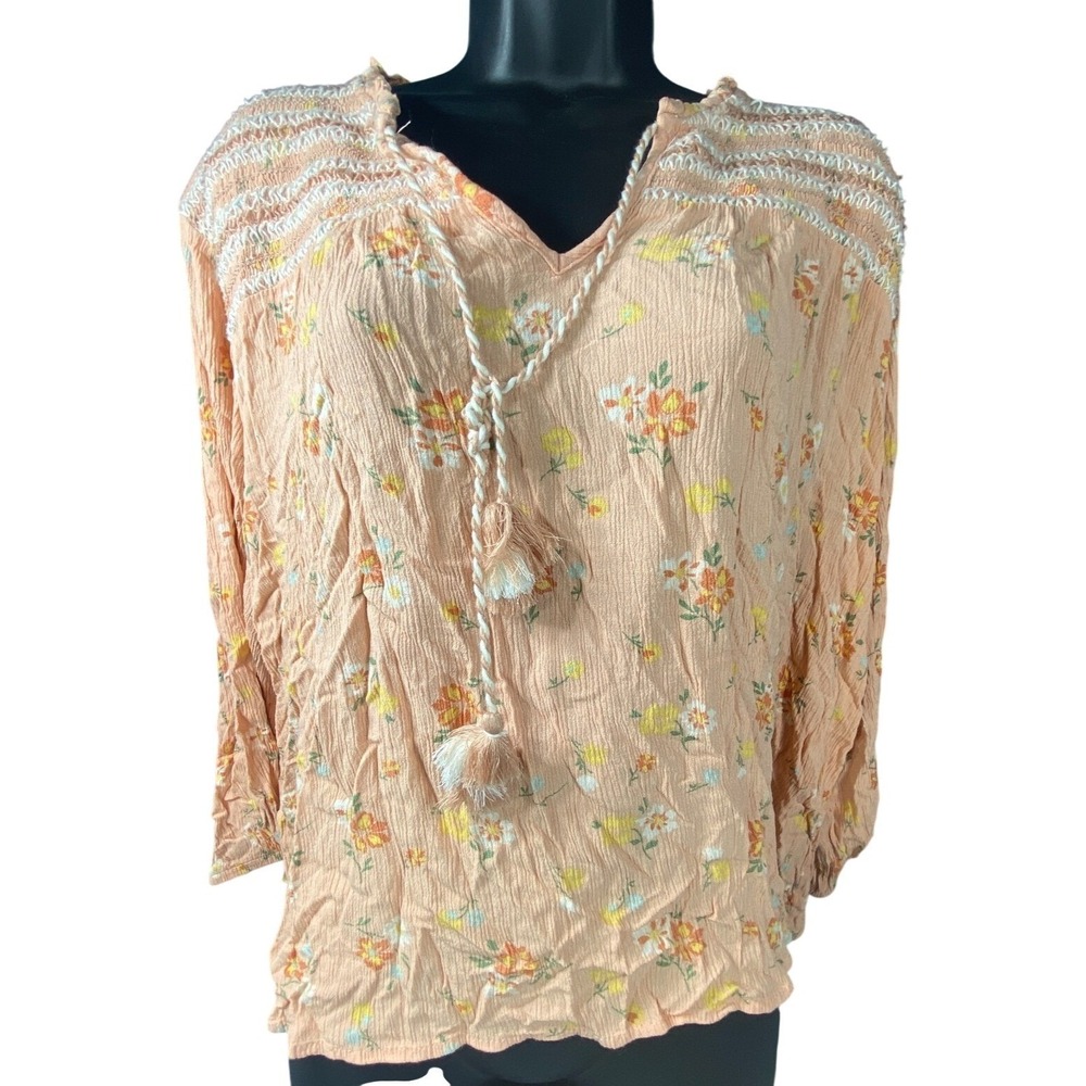Anthropologie Kate & Sam Blouse 2XL Peasant Gauze Boho Tassel Tie Smocked Floral